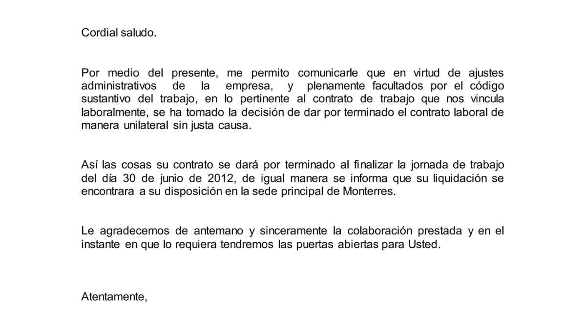 Carta de despido laboral comunicada por la empresa sin justa causa