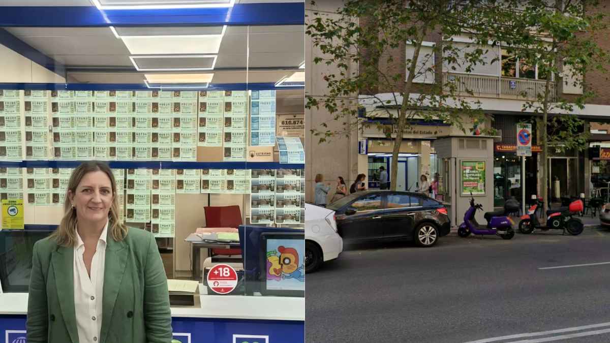 Lotera en su administración de Chamartín junto a décimos de la Lotería de Navidad