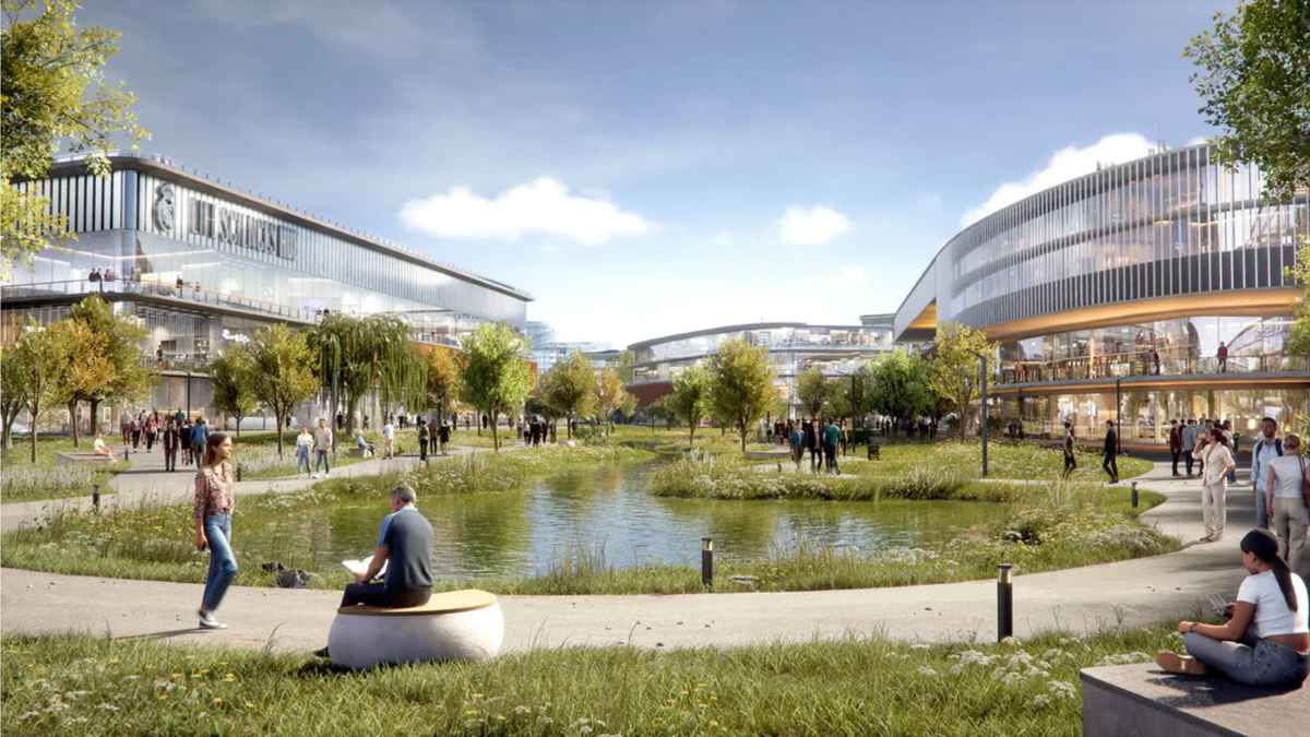 Madrid Innovation District del Real Madrid con zonas verdes y edificios tecnológicos en Valdebebas