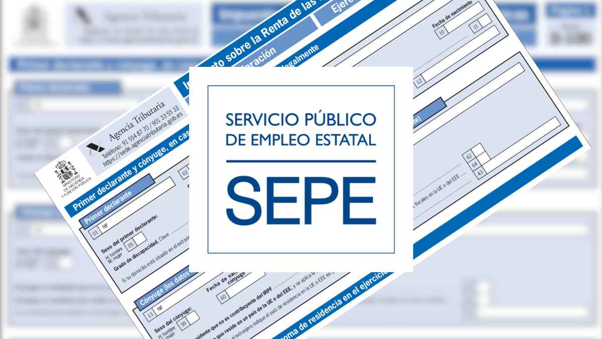 Formulario de la renta y logo del SEPE por la posible suspensión de la obligación de declarar en 2026