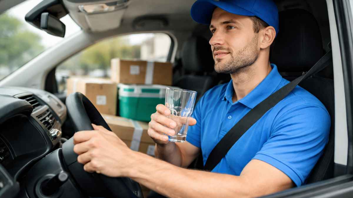 Conductor de reparto de medicamentos conduciendo un vehículo mientras bebe alcohol