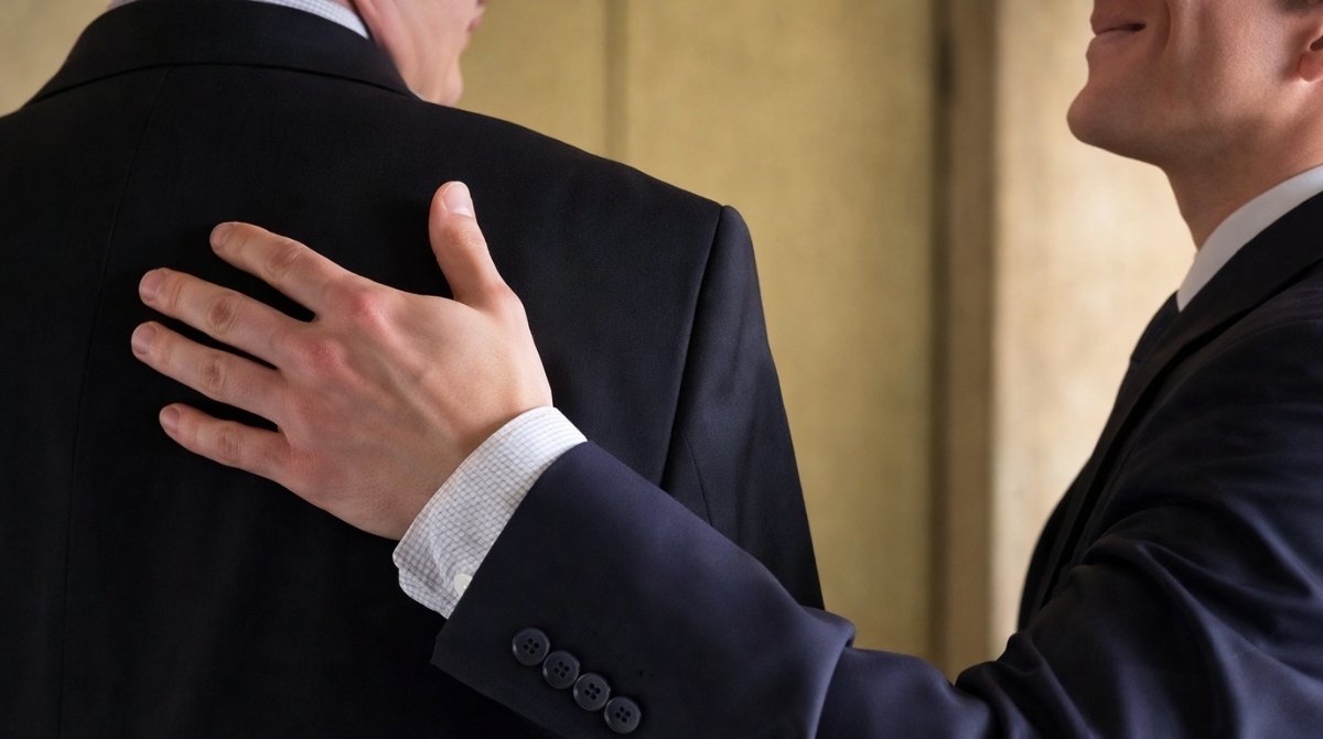 Hombre tocando la espalda de su jefe en oficina ejemplo de abuso de confianza laboral y despido disciplinario