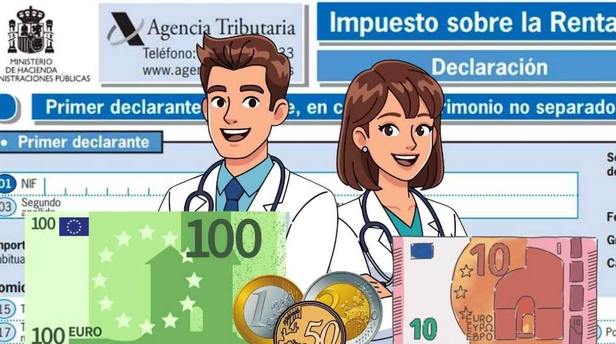 Médicos con billetes en euros frente a un borrador de la declaración de la renta de Hacienda