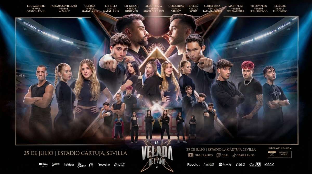 Cartel oficial de La Velada del Año VI de Ibai con los combates y participantes en el estadio La Cartuja de Sevilla