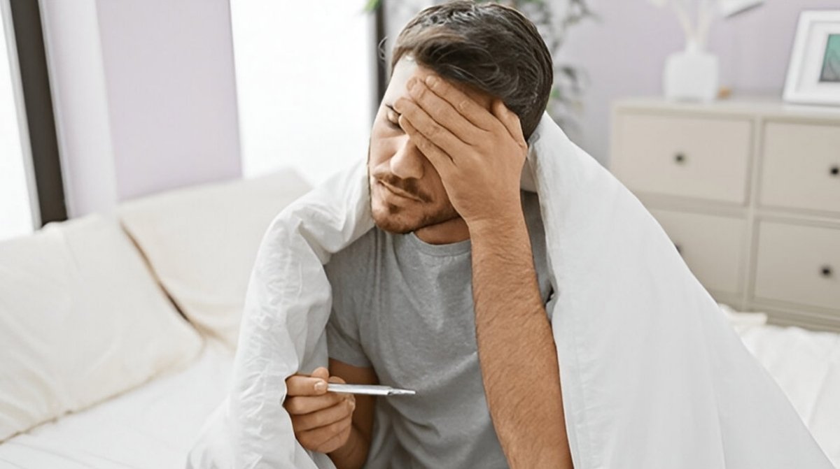 Hombre enfermo en cama con fiebre durante baja por enfermedad común