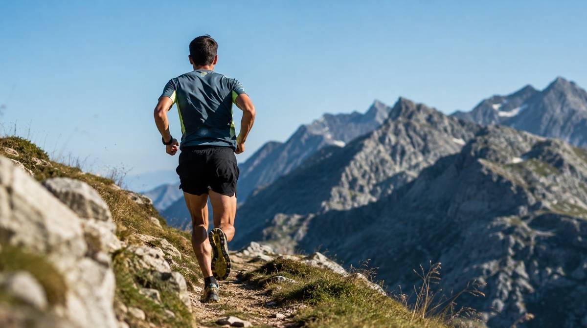 Trabajador corriendo una carrera de montaña durante una baja médica por lesión en la mano