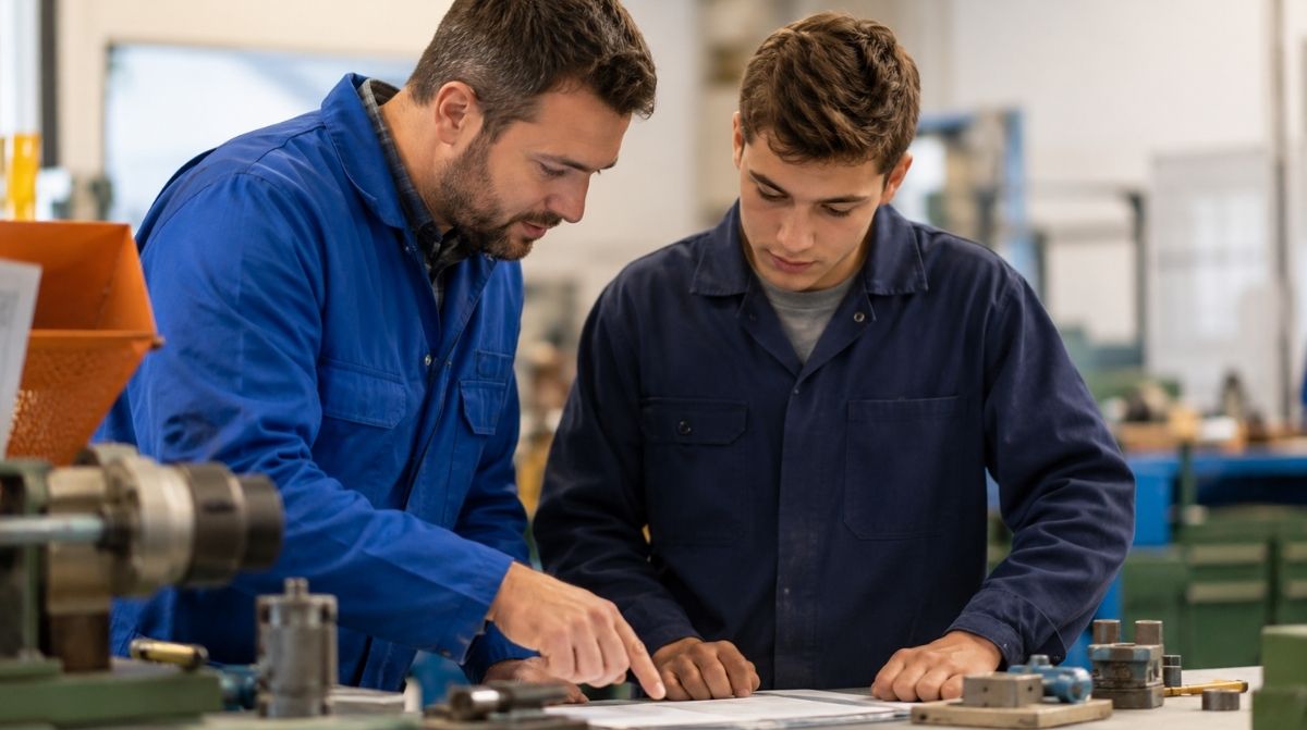Autónomo supervisando a un becario en prácticas en un taller industrial durante una formación en prevención de riesgos laborales