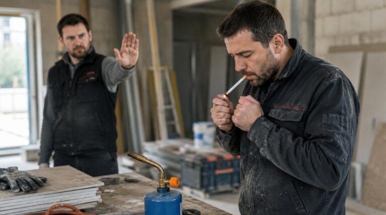 Trabajador fumando en una obra de Gipuzkoa mientras manipula material inflamable durante su jornada laboral