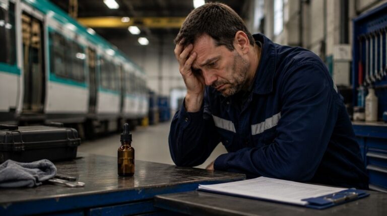 Trabajador de mantenimiento preocupado en un taller ferroviario tras ser despedido por dar positivo en una sustancia recetada