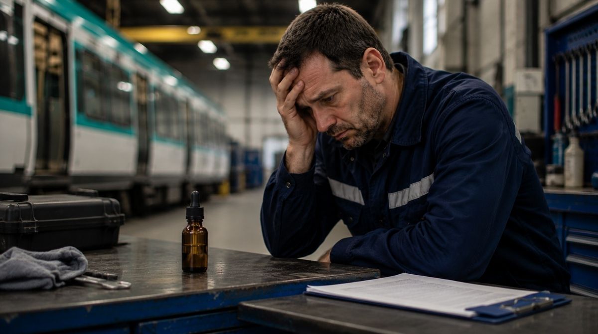 Trabajador de mantenimiento preocupado en un taller ferroviario tras ser despedido por dar positivo en una sustancia recetada