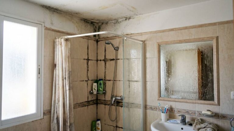 Baño antiguo con humedad y moho antes de una reforma energética subvencionada por el Gobierno