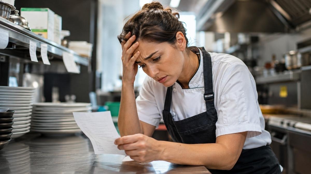 Infoemplea2 17 Trabajadora de cocina revisando una nómina con retrasos en un restaurante tras cobrar el salario a plazos