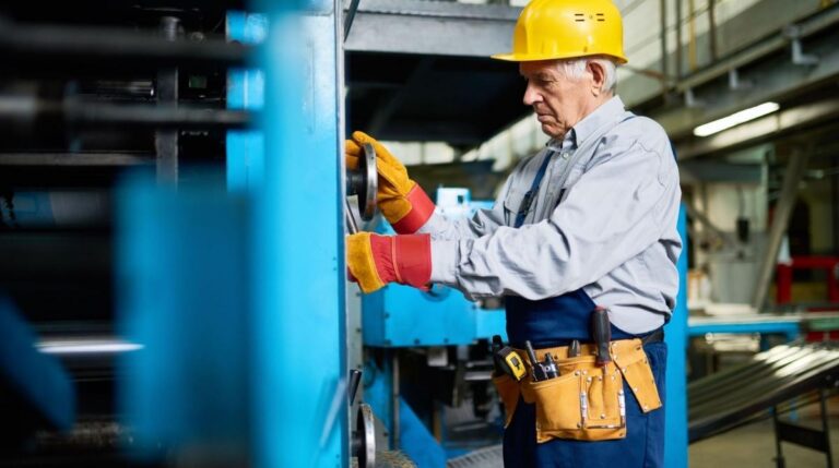 Trabajador de edad avanzada operando maquinaria industrial en una fábrica ante el debate sobre retrasar la jubilación hasta los 73 años