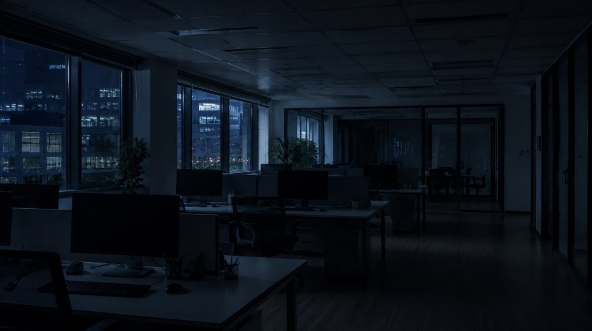 Oficina vacía y oscura durante la noche con los puestos de trabajo sin actividad