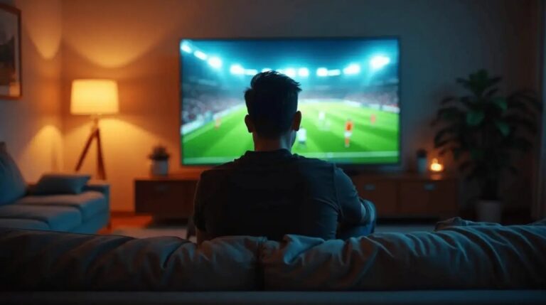Aficionado viendo un partido de fútbol en televisión durante el Mundial desde el salón de su casa