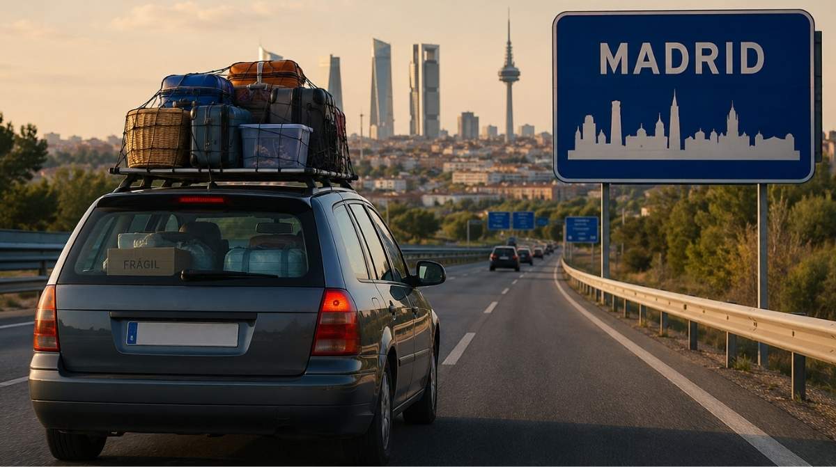 Familia trasladada por trabajo entrando en Madrid con el coche cargado de pertenencias tras un traslado forzoso