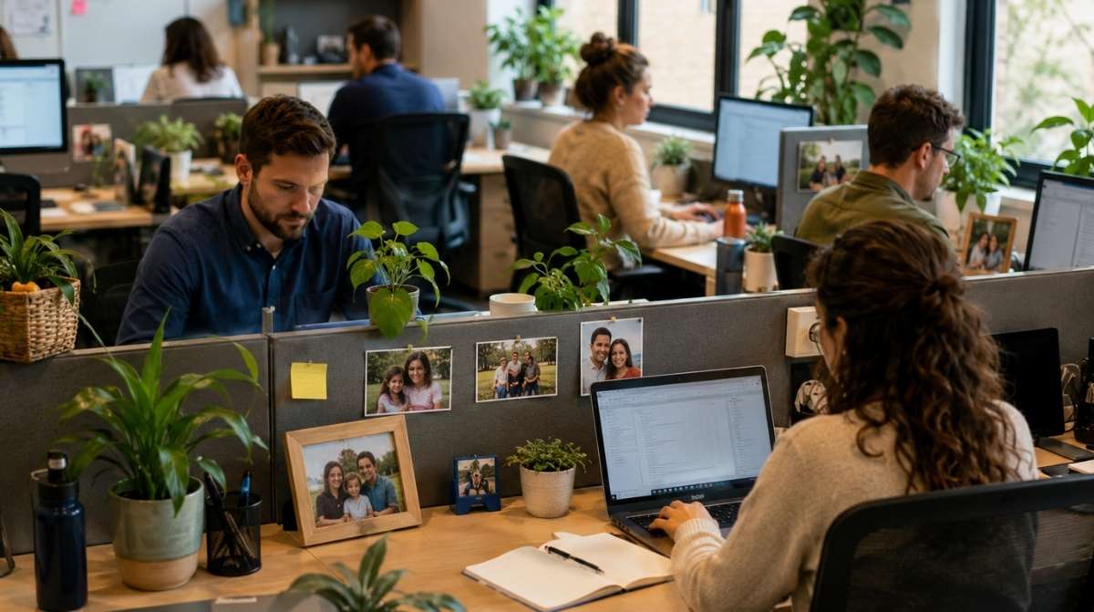 Oficina con trabajadores personalizando sus mesas con fotos familiares y plantas para mejorar el bienestar laboral