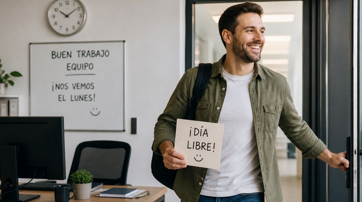 Trabajador saliendo del trabajo en su día libre tras cumplir el descanso semanal según la ley laboral en España