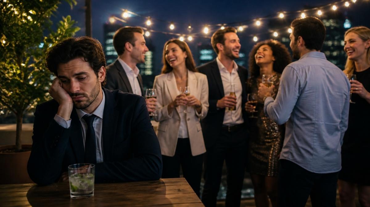 Hombre aburrido en fiesta de empresa mientras compañeros se divierten tras despido por no ser divertido