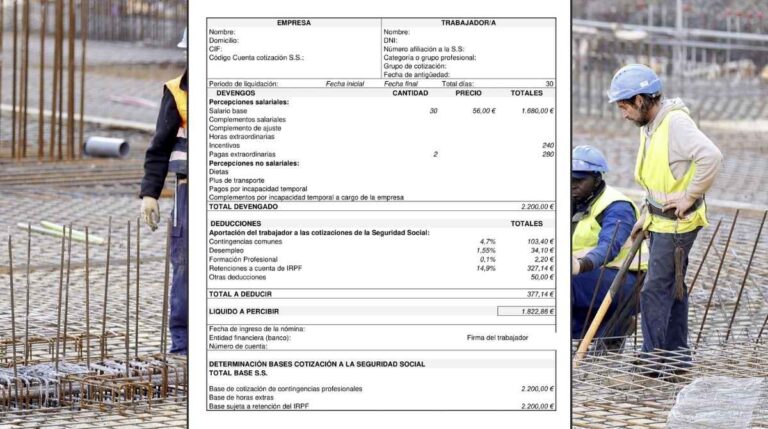 Nómina de un trabajador junto a empleados de la construcción en una imagen sobre transparencia salarial y sueldos