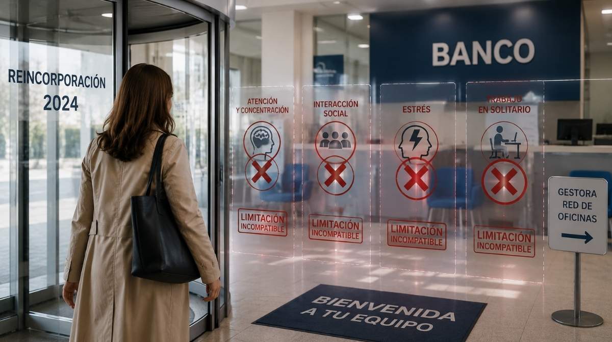 Trabajadora regresando a un banco tras una baja laboral mientras aparecen limitaciones incompatibles con su puesto de trabajo