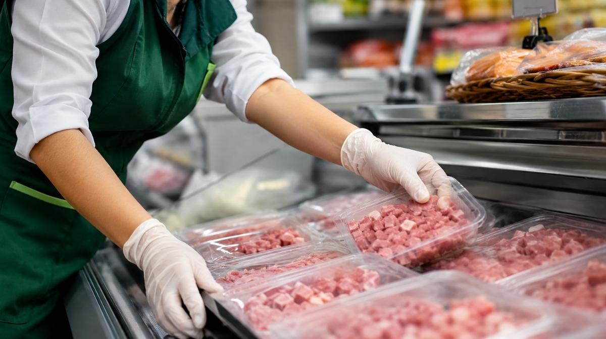 Trabajadora manipulando bandejas de productos cárnicos en la sección de charcutería de un supermercado