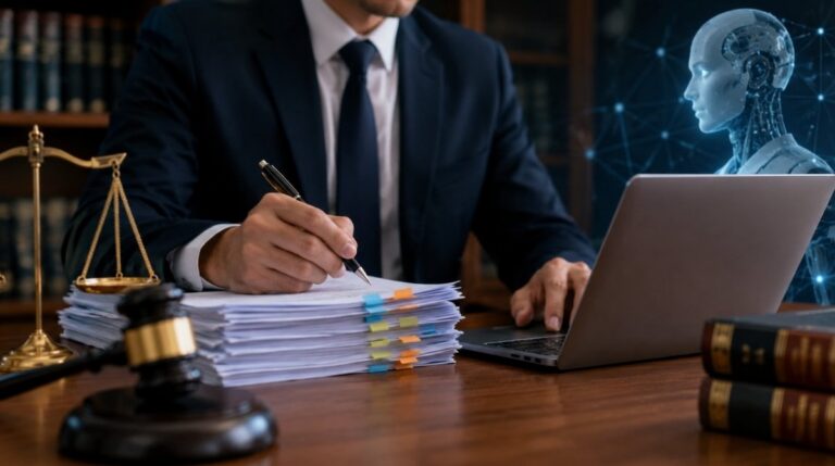 Abogado laboralista trabajando con un ordenador y documentos jurídicos junto a una representación de inteligencia artificial
