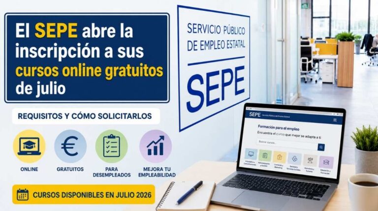Cartel del SEPE con información sobre la inscripción a los cursos online gratuitos de julio de 2026.