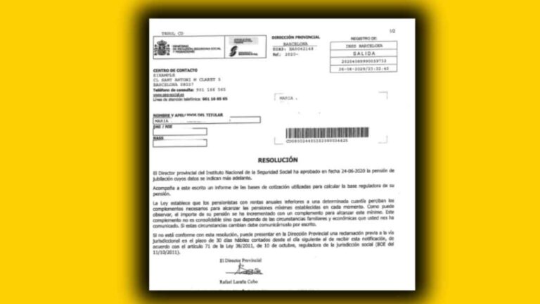 Resolución de la Seguridad Social aprobando una pensión de jubilación en un plazo de ocho días