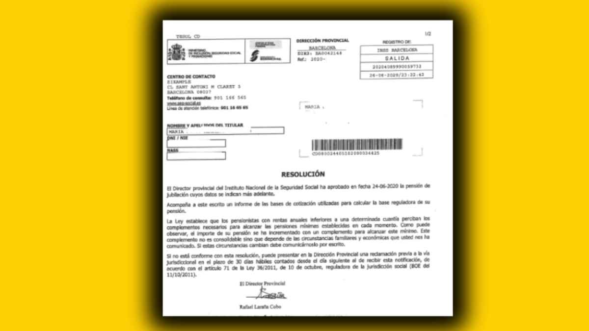 Resolución de la Seguridad Social aprobando una pensión de jubilación en un plazo de ocho días