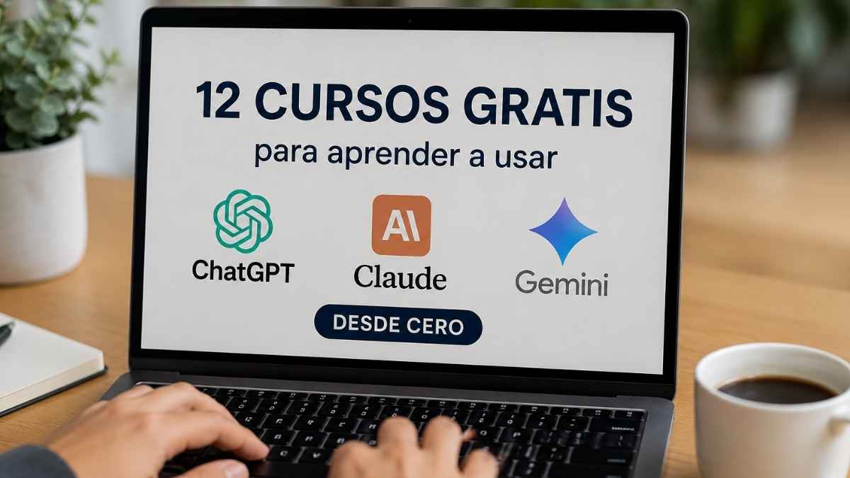 Ordenador portátil con 12 cursos gratis para aprender ChatGPT, Claude y Gemini desde cero