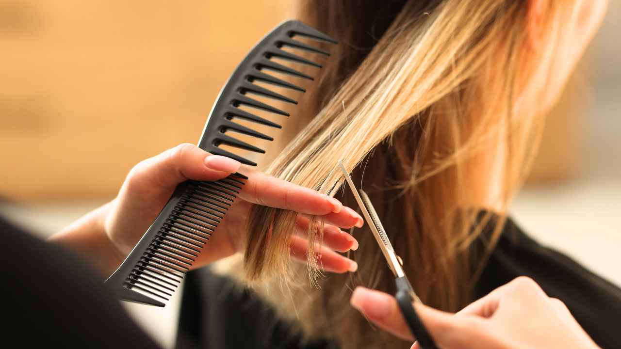 Peluquera cortando el cabello de una clienta en un salón de belleza