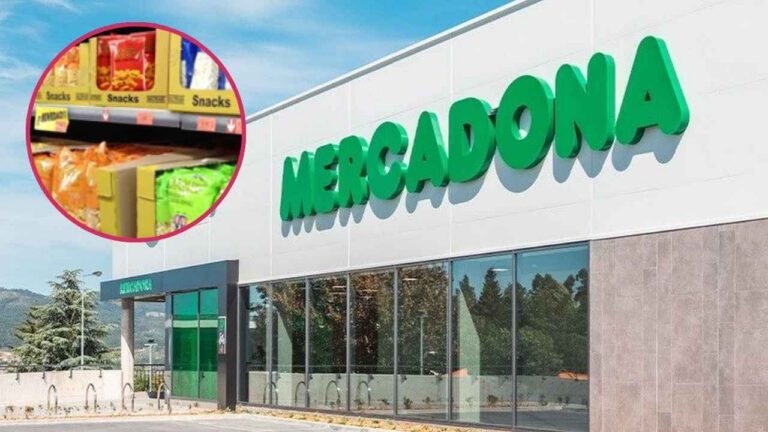 Fachada de Mercadona junto a una imagen de la sección de snacks