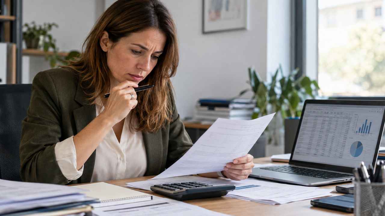 Infoemplea2 12 Empresaria revisando una nómina y los costes salariales en su oficina