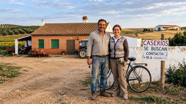 Pareja de caseros junto a una finca rural en Sevilla donde se ofrece trabajo con vivienda incluida