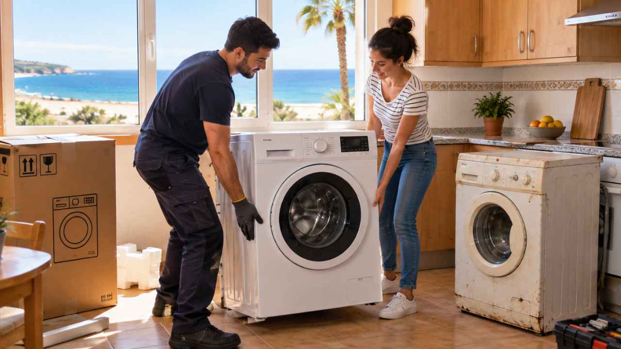 Pareja sustituyendo una lavadora antigua por otra nueva en una vivienda de Canarias