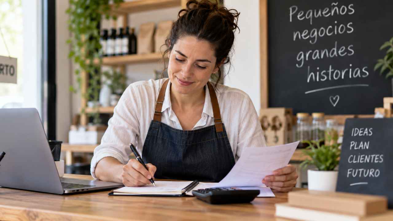 Mujer autónoma trabajando con un portátil y revisando documentación en su negocio