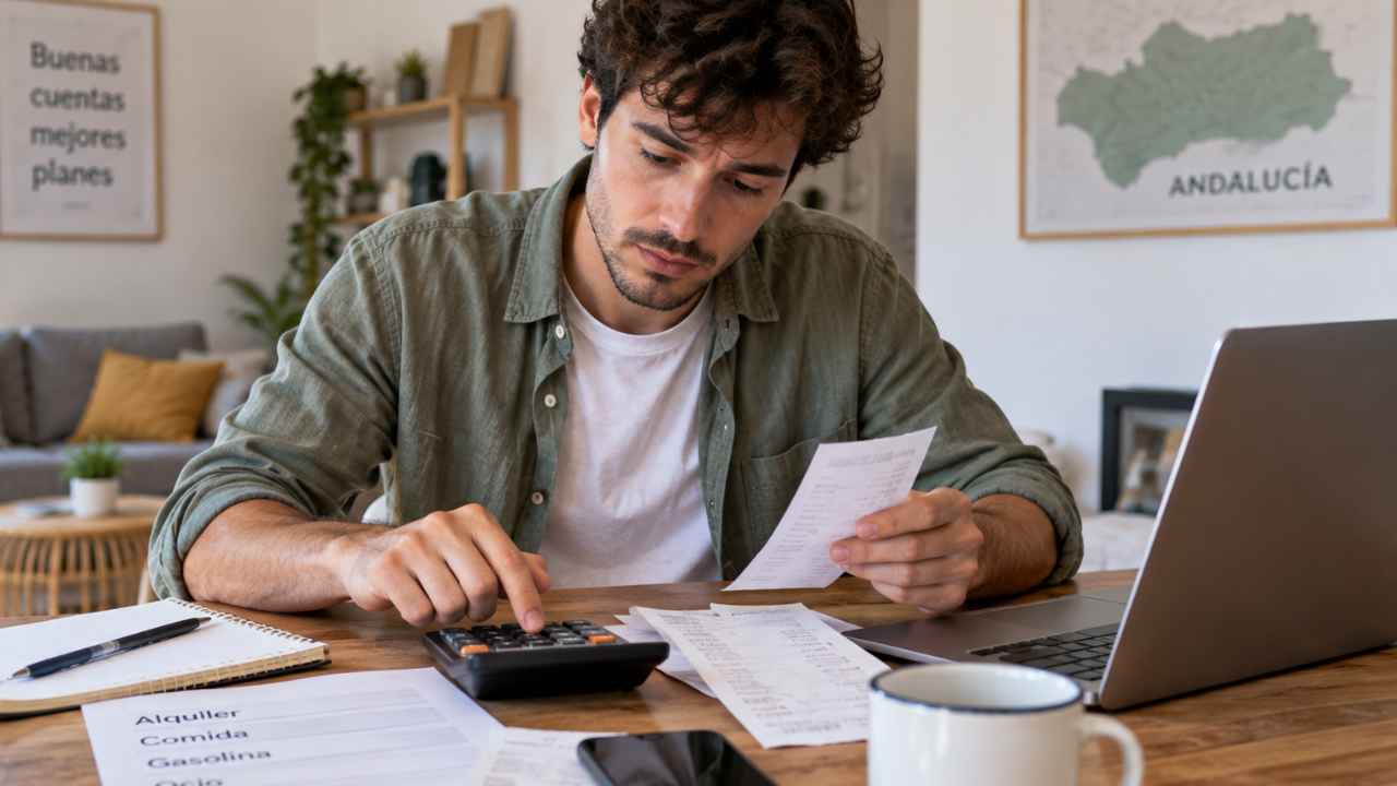Joven calculando sus gastos mensuales para vivir solo en Andalucía