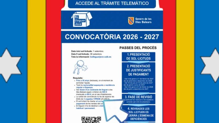 Cartel del Bono Alquiler Joven 2026-2027 de Baleares con información sobre la convocatoria y el trámite telemático