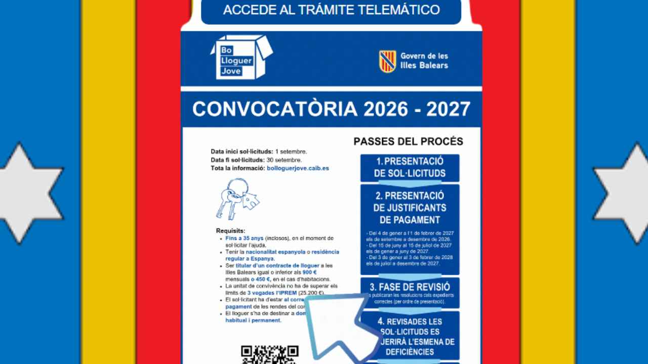 Cartel del Bono Alquiler Joven 2026-2027 de Baleares con información sobre la convocatoria y el trámite telemático