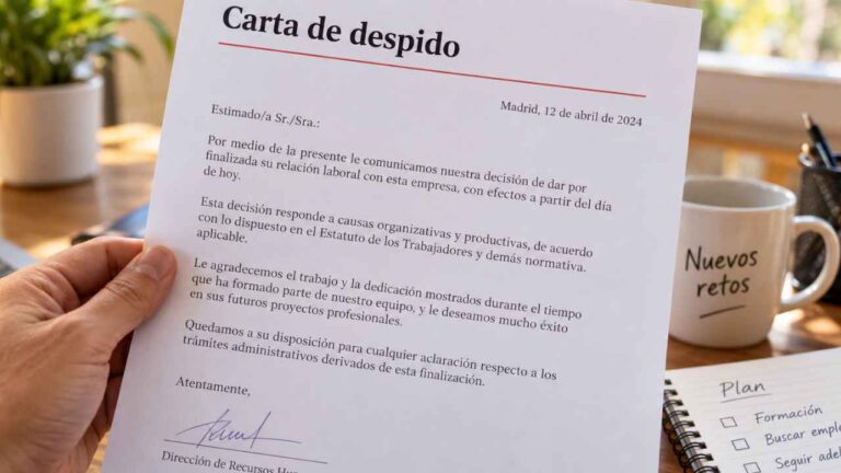 Carta de despido sostenida por un trabajador junto a un portátil sobre una mesa
