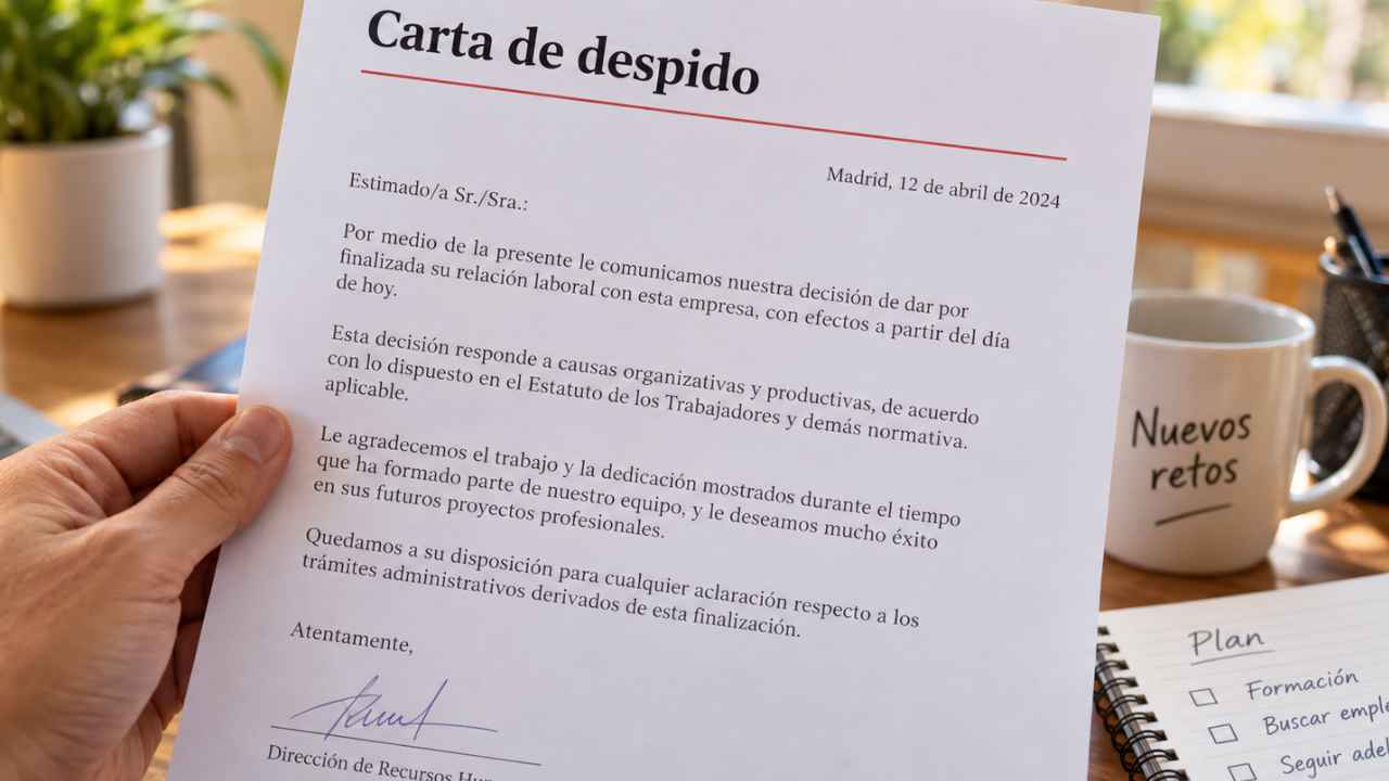 Carta de despido sostenida por un trabajador junto a un portátil sobre una mesa