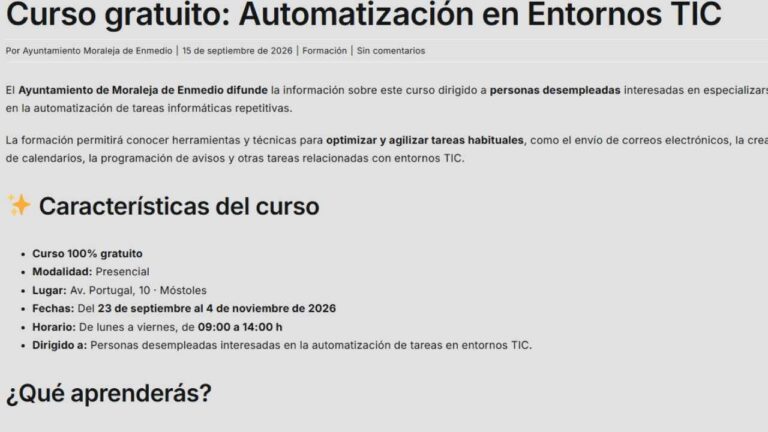 Información del curso gratuito de Automatización en Entornos TIC para desempleados en Móstoles