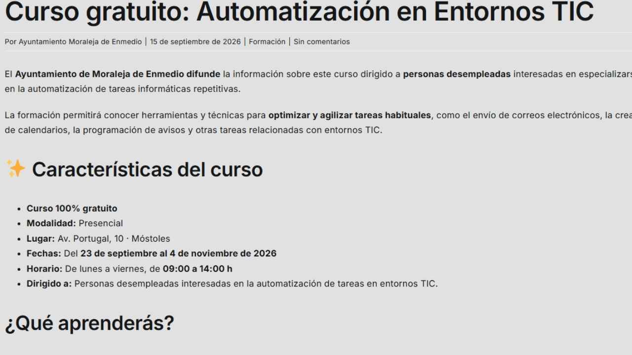 Información del curso gratuito de Automatización en Entornos TIC para desempleados en Móstoles