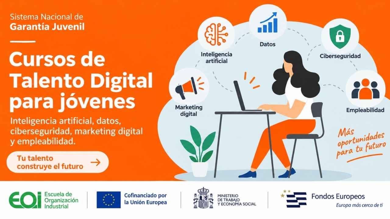 Cursos gratuitos de EOI para jóvenes sobre inteligencia artificial, datos, ciberseguridad, marketing digital y empleabilidad