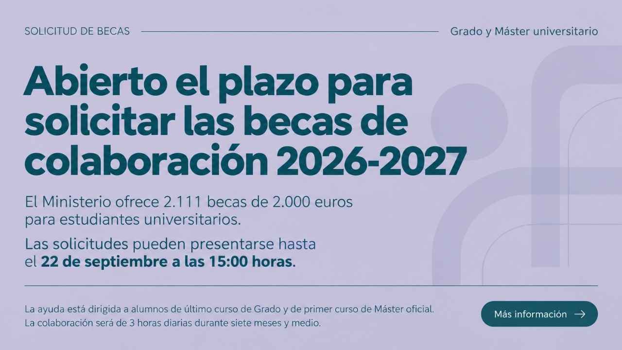 Cartel de las becas de colaboración 2026-2027 para alumnos de Grado y Máster con ayudas de 2.000 euros