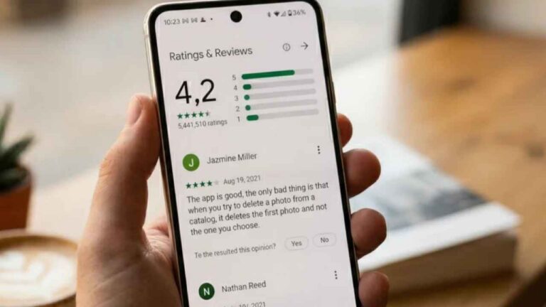 Móvil mostrando reseñas de Google relacionadas con el despido de una trabajadora que estaba de baja