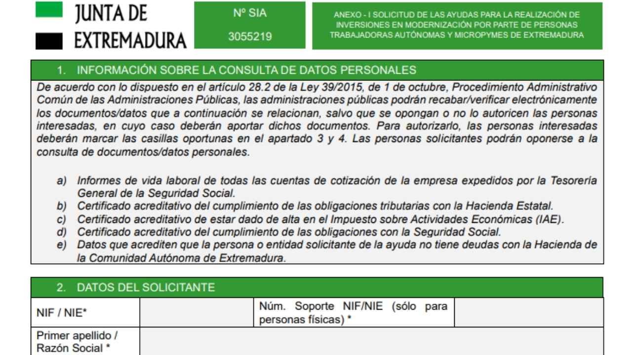Formulario de solicitud de ayudas para autónomos y micropymes de la Junta de Extremadura