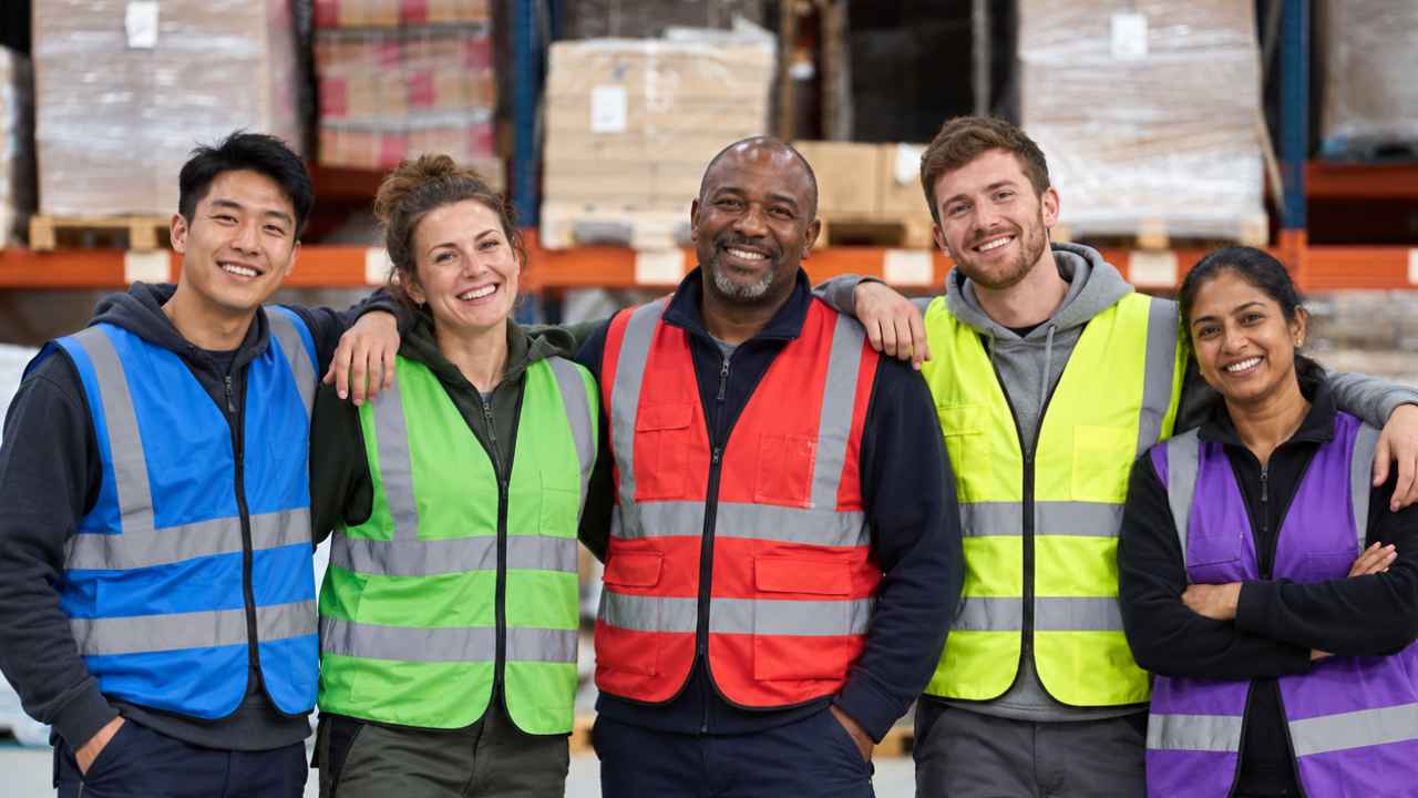 Cinco trabajadores de logística con chalecos reflectantes en un almacén