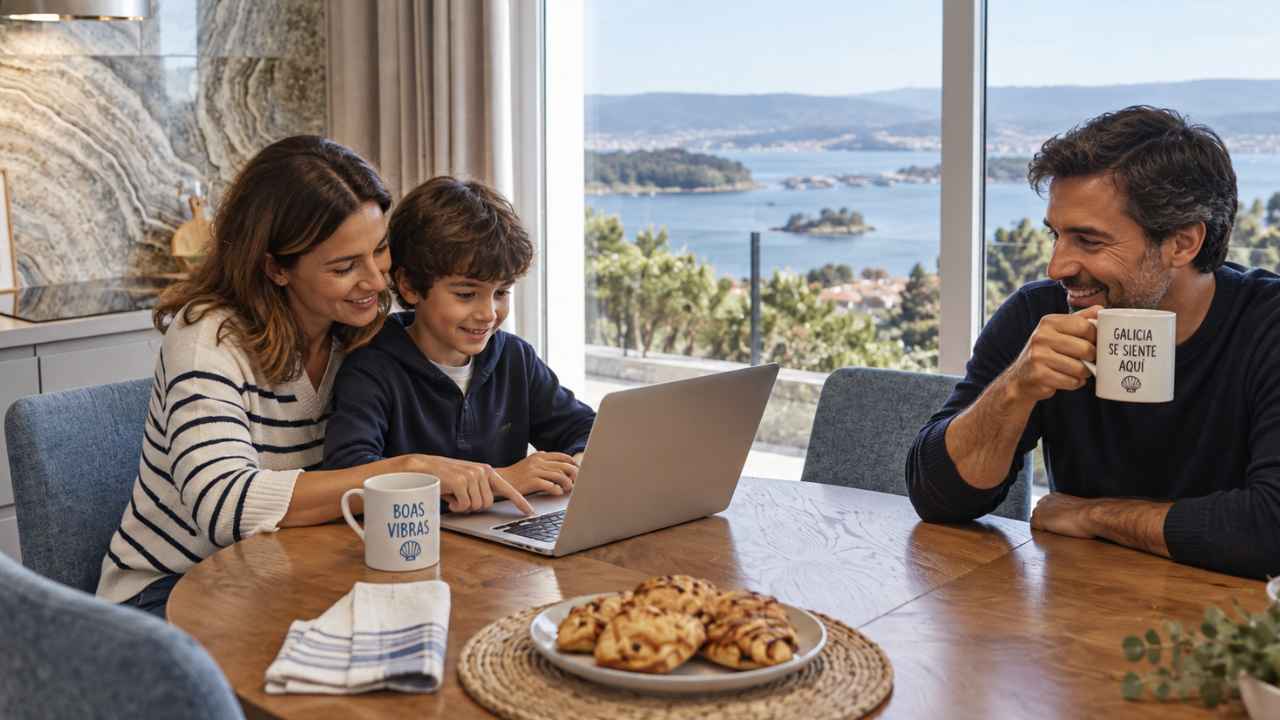 Una familia se reúne alrededor de una mesa con un ordenador portátil.
